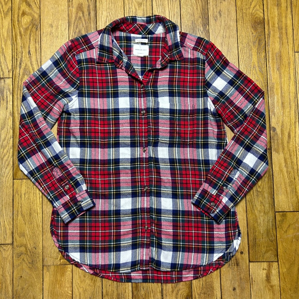 American Eagle Boyfriend Fit Plaid Flannel Shirt Red Navy Ahh-Mazingly Soft